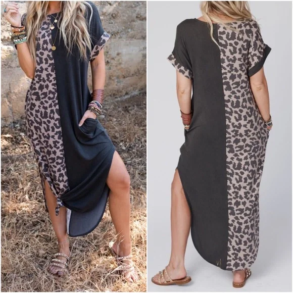 047 Leopard Print Loose Fit Maxi Dress - Picture 1 of 1